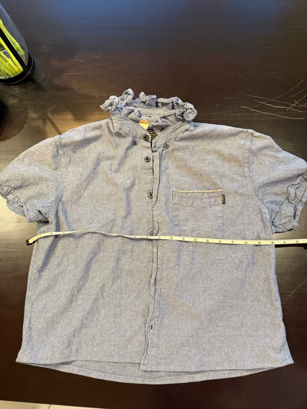 Up cycled one of a kind, lightweight denim shirt with ruffle collar